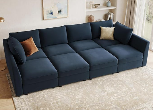 HONBAY Modular Sectional Sleeper Sofa Velvet Sleeper Couch with Storage Seats Oversized Sectional for Living Room,Dark Blue