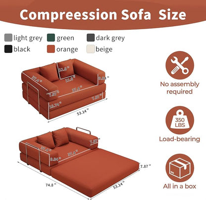 Convertible Futon Sofa Bed, 2 Seater Corduroy Floor Queen Size Bed Foldable Sleeper Lounge Boneless Loveseat Couch with 2 Throw Pillows for Living Room Bedroom Guest Room(Orange, 53.15"Double Sofa)