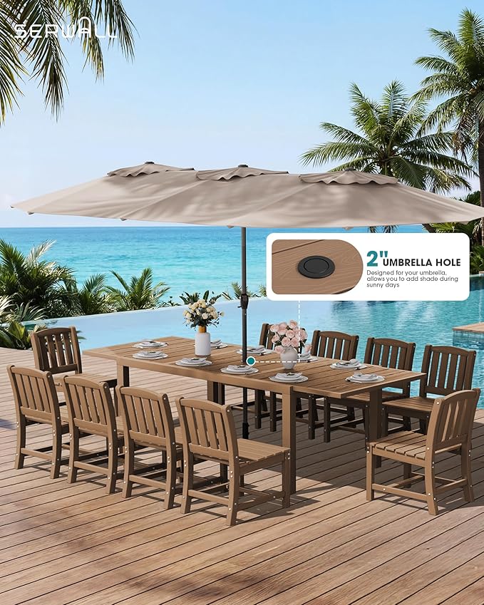 SERWALL Outdoor Patio Dining Set for 6, Brown | 60" - 83" Expandable Outdoor Dining Table and 6 HDPE Chairs, All Weather Material Outdoor Furniture Set Backyard, Garden