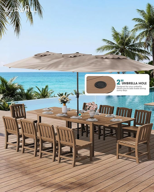 SERWALL Outdoor Patio Dining Set for 6, Brown | 60" - 83" Expandable Outdoor Dining Table and 6 HDPE Chairs, All Weather Material Outdoor Furniture Set Backyard, Garden