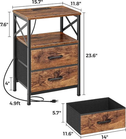 Huuger Nightstands Set of 2, Night Stand with Charger Station, 2 Drawer Side Table with Open Shelf, USB-C Port, End Table for Small Spaces, X Shaped Side Rail, Rustic Brown