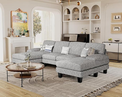 Furmax Sectional Couches for Living Room, U-Shaped Sofa Couch with Linen Fabric, 4 Seat Sofa Set with Double Chaise for Apartment (Loop Yarn, Pearl Gray)