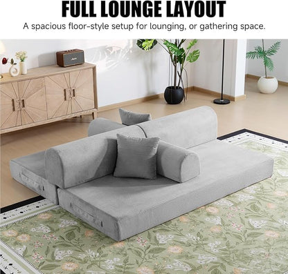 78.8" Boneless Memory Foam Couch, Corduroy Convertible Floor Sofa Bed, Fold-Out Sleeper Futon Loveseat, Wide Armrests & Supportive Back, 1200 lb, Couch in a Box, 2 Pillows, Light Grey