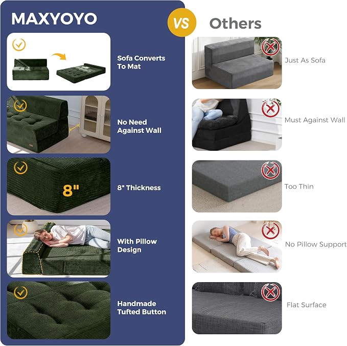 MAXYOYO 8" Folding Sofa Bed, Fold Out Chair Bed, Convertible Floor Sofa Couch, High-Density Foam Tufted Lounge Couch for Living Room Bedroom Dorm, Single, Dark Green