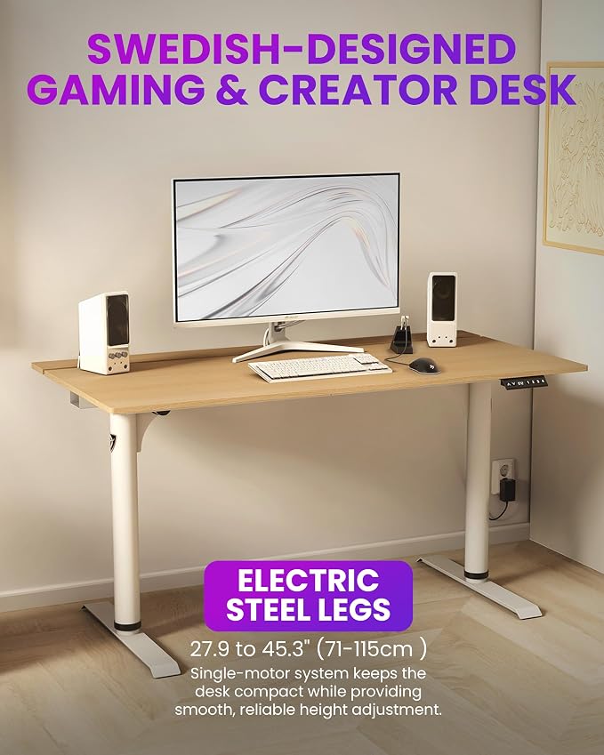 Arozzi Arena Nordico Gamer Desk – 55x27.6” Electric Standing Table – PC Gaming Desk with Storage for Cables - Dual Cable Baskets, Split Tabletop, Monitor Arm Friendly - Light Birch
