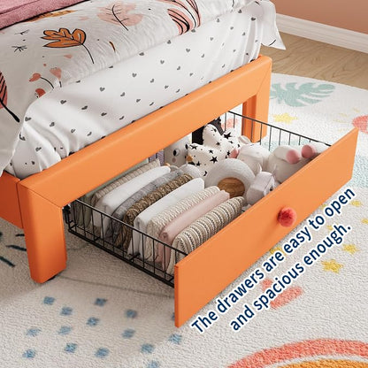 Twin Size Bed Frame for Girls with Storage Drawers & LED Lights, Upholstered Platform Bed, Velvet Crystal Button Princess Bed, Noise-Free Slats, No Box Spring Needed for Kids, Teens, Orange