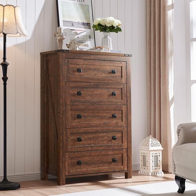 T4TREAM 48" Tall Farmhouse 5-Drawer Dresser for Bedroom, Reclaimed Barnwood | Rustic chests of drawers, Wood Storage Cabinet, Metal Handle, Unique Corner Accent, Bedroom, Living Room, Hallway