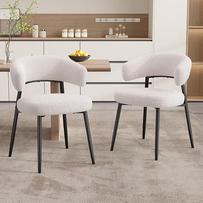 Dining Chairs Set of 4, Boucle Upholstered Dining Room Chair with Curved Backrest & Metal Legs, Mid Century Modern Round Kitchen Chairs, White