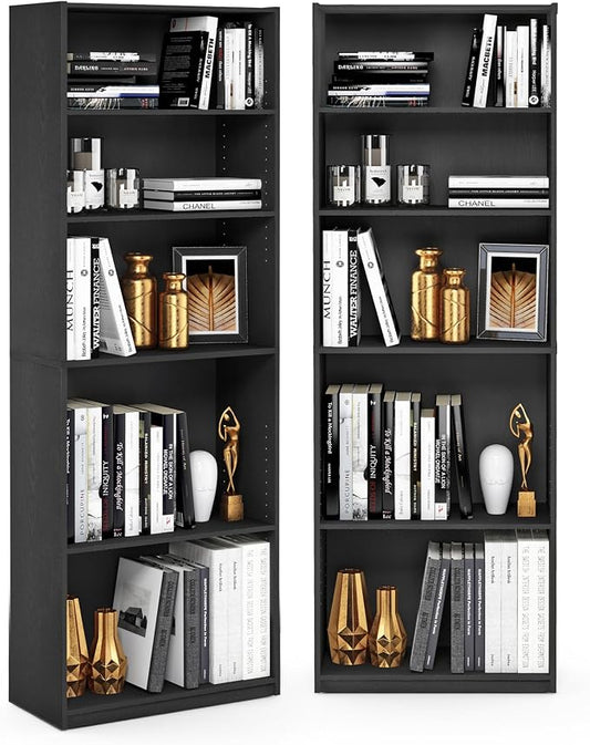 Furinno Jaya Book Shelf Set of 2, 5-Tier Bookshelf, Bookcase, with Adjustable Shelf, 9.5 x 24.5 x 71, for Home Office, Living Room, Black