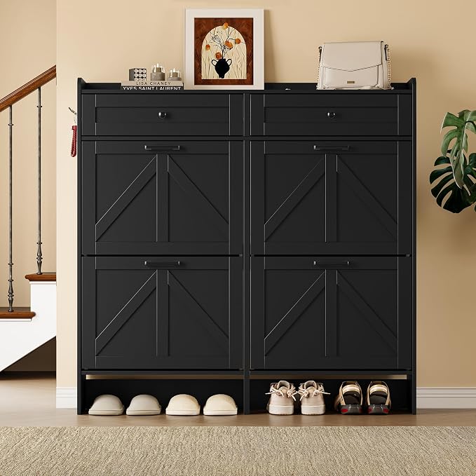 BORNOON Shoe Storage Cabinet for Entryway, Farmhouse Wide Shoe Cabinet with 4 Flip Drawers and 2 Top Drawers, Freestanding Organizer with Adjustable Shelves, Hooks, and Anti-Tip Kit for Hallway