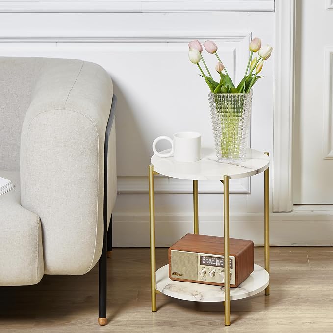Gawicpy 2 Tier Round Side Table, Folding End Tables Coffee Table Simplistic Sofa Table Waterproof Removable Tray Table Indoor Outdoor Accent Table for Living Room Bedroom (Faux Marble White, 1pcs)