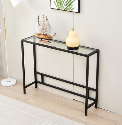 MAJARO Small Modern Console Table for Entryway, Tempered Glass with Metal Frame Sofa Table for Living Room, Hallway, Office (Single-Layer, Black)