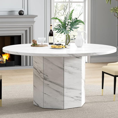 HSH Round Dining Table for 4-6, 47” White Faux Marble Dinner Table only, Modern Circle Kitchen Table for Home Living Room, Industrial Wood Dining Room Table with Octagon Base, White Marble