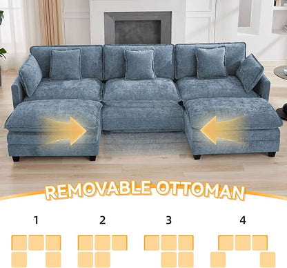 111'' Sectional Cloud Deep Seat Couch, Oversized Chenille U Shaped Sectional Sofa for Living Room Set, Comfy Upholstered Modular 5-Seats Sectional Sofa Couch with 2 Movable Ottoman, Blue
