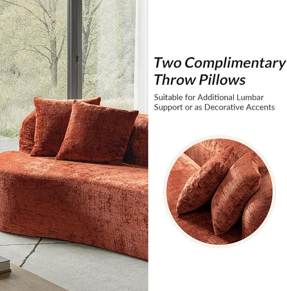 95" Modern Curved Compressed Sofa, All-Foam 3-Seater Cloud Couch with 2 Pillows, No Assembly Required Boneless Sofas for Living Room, Orange