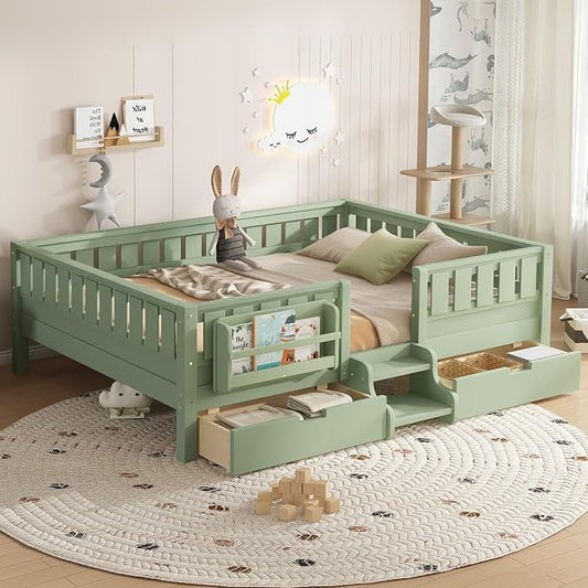Bellemave Queen Size Montessori Bed with Stairs, Rails and Slats, Queen Size Montessori Floor Bed with Bookshelf and 2 Storage Drawers, Easy Assemble Beds Frame for Girls, Boys, Avocado Green