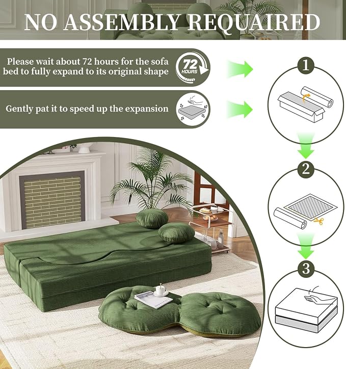 75” Full Size Convertible Sleeper Sofa Bed, Boneless Folding Futon Loveseat Sofa with 2 Pillows, High Density Foam Compressed Foldable Guest Couch for Living Room Apartment (Green Corduroy)