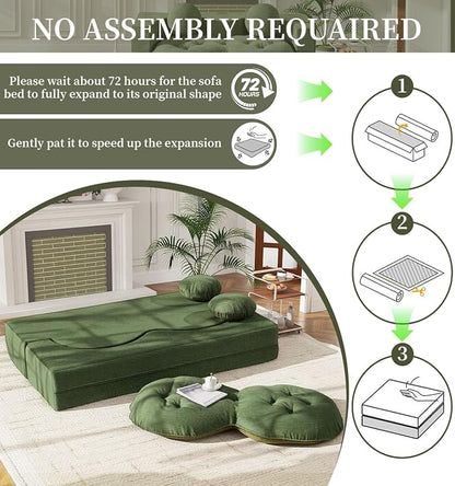 75” Full Size Convertible Sleeper Sofa Bed, Boneless Folding Futon Loveseat Sofa with 2 Pillows, High Density Foam Compressed Foldable Guest Couch for Living Room Apartment (Green Corduroy)