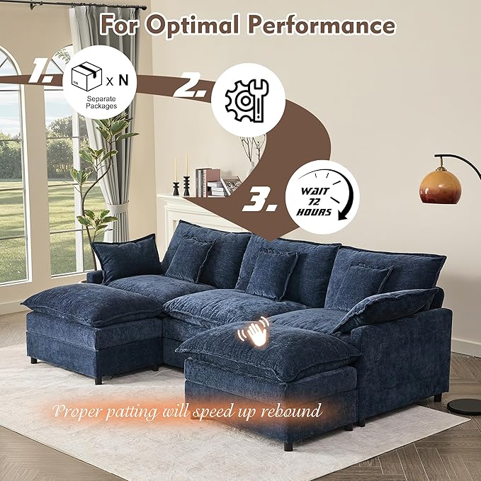 GOSUHI 108" U-Shaped Modular Cloud Couch, Deep Seat, Chenille Navy | Cloud Comfort, Couches for Living Room, Removable & Machine-Washable Covers, Movable Ottoman, Modular Sectional Sofa