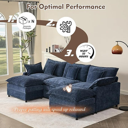 GOSUHI 108" U-Shaped Modular Cloud Couch, Deep Seat, Chenille Navy | Cloud Comfort, Couches for Living Room, Removable & Machine-Washable Covers, Movable Ottoman, Modular Sectional Sofa