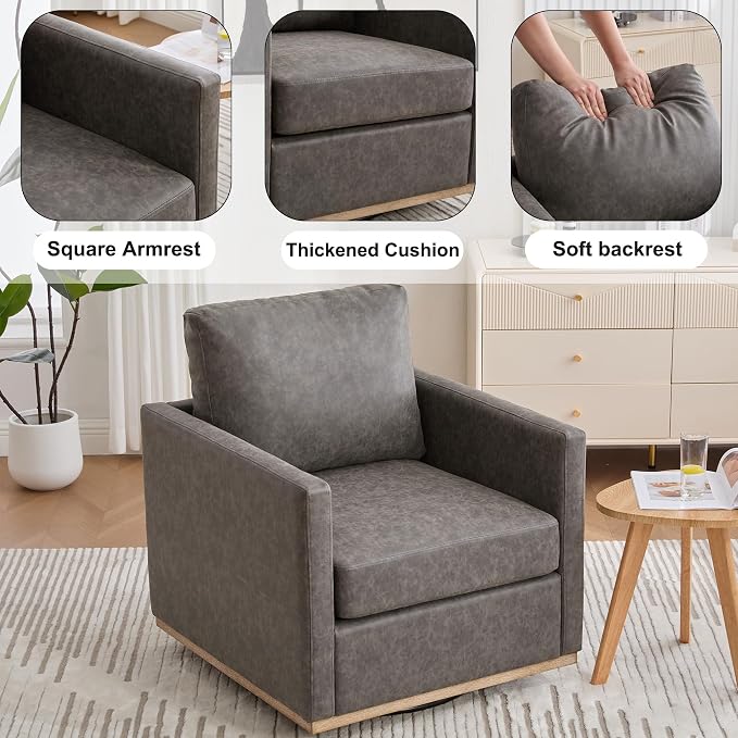 Swivel Accent Chair, 360 Degree Square Swivel Chair for Living Room, Mid Century Modern Upholstered Barrel Chair,Comfy Sofa Armchairs for Bedroom,Nursery,PU Leather, Gray