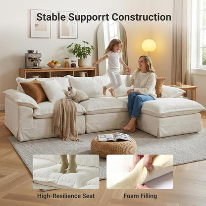 Claiks 123" Modular Boneless Couch, U Shaped Couch for Living Room, Modern Deep Seat Sofa 3 Seater Chenille Fabric Comfy Cloud Couches with Movable Ottoman, Beige