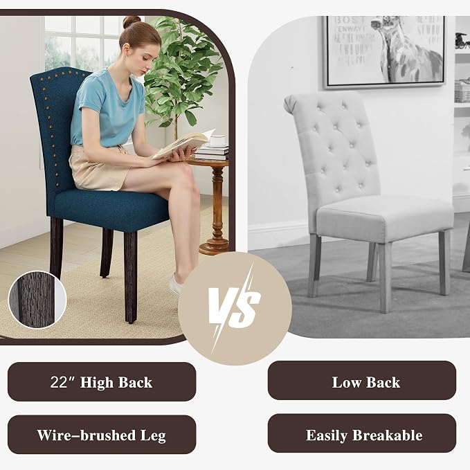 LSSBOUGHT Dining Chairs Set of 2,Upholstered Parsons Dining Room Chairs Fabric Kitchen Chairs with Solid Wood Frame and Nailhead Trim(Blue)