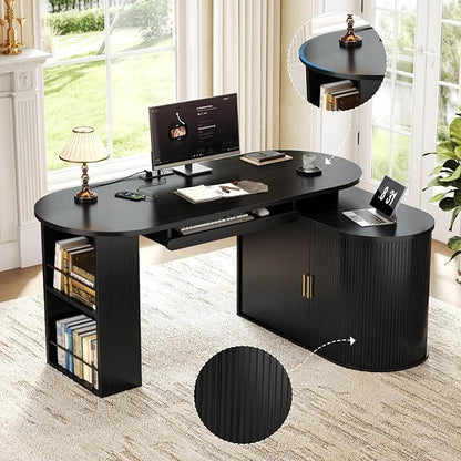 HSH Black L Shaped Office Desk with Storage Cabinet for Home Oak 60 Inch | Executive Woood Fluted Computer Desk with Keyboard Tray and Open Shelves Modern Reversible Mcm Large Swivel Table