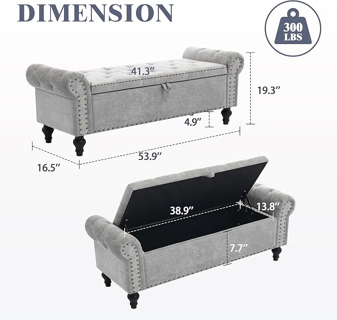 55" Storage Bench for Bedroom, Upholstered Ottoman Bench Chenille LightGray | End of Bed Bench for Bedroom, Window Benches for Living Room, Entryway, Ottoman with Large Storage Space, Pet Friendly