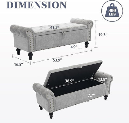 55" Storage Bench for Bedroom, Upholstered Ottoman Bench Chenille LightGray | End of Bed Bench for Bedroom, Window Benches for Living Room, Entryway, Ottoman with Large Storage Space, Pet Friendly