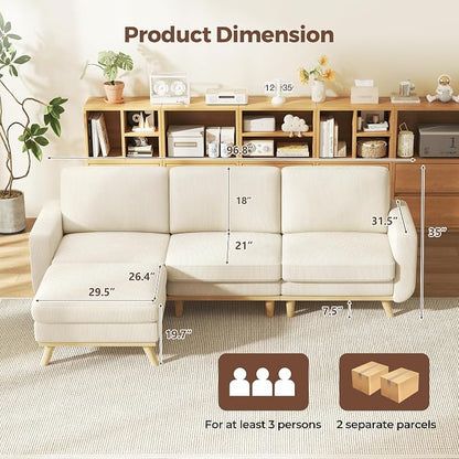 L-Shaped Sectional Sofa, 3-Seater Convertible Couch with Ottoman, FSC Certified Solid Wood Frame, Spring Cushions, Curved Armrests, Comfort Corduroy Sofa for Living Room, Apartment, Office, Beige