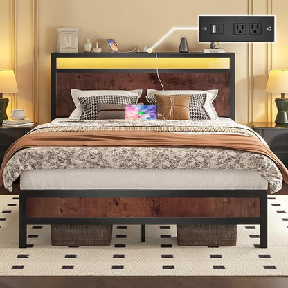 Fluest Full Bed Frame with Headboard & Footboard, Full Bed Frame with Built-in Charging Station & LED Light, Storage Shelf, Noise-Free, No Box Spring Needed, Easy Assembly, Coffee Brown
