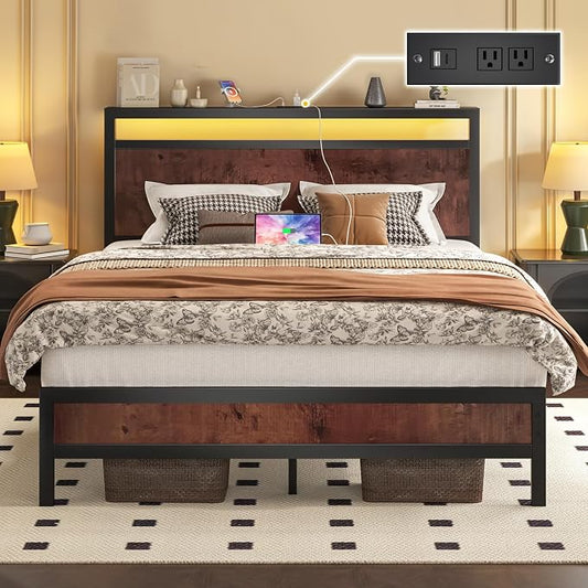Fluest Full Bed Frame with Headboard & Footboard, Full Bed Frame with Built-in Charging Station & LED Light, Storage Shelf, Noise-Free, No Box Spring Needed, Easy Assembly, Coffee Brown