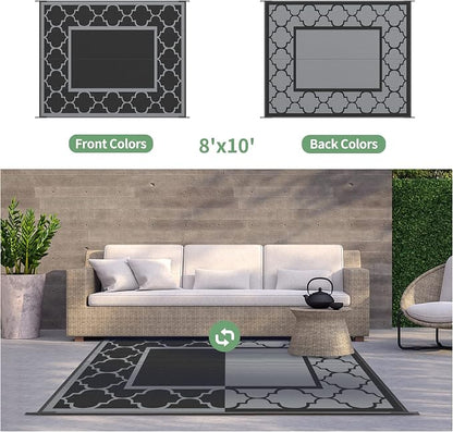 GENIMO 8' x 10' Outdoor Rug Patio Waterproof, Reversible Plastic Straw Area Rugs Mat for Camper Decor, Outside Carpet for Camping, Rv, Deck, Porch, Picnic, Beach, Balcony, Black & Grey