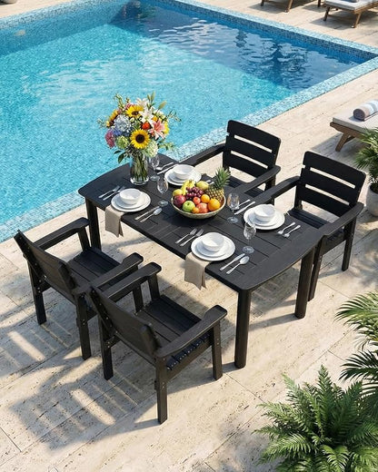Outdoor Rectangle Dining Table with Rounded Edge, 67" All-Weather HIPS Patio Table for 6, Outdoor Furniture with Umbrella Hole, Ideal for Garden, Poolside, Backyard, Deck, Black