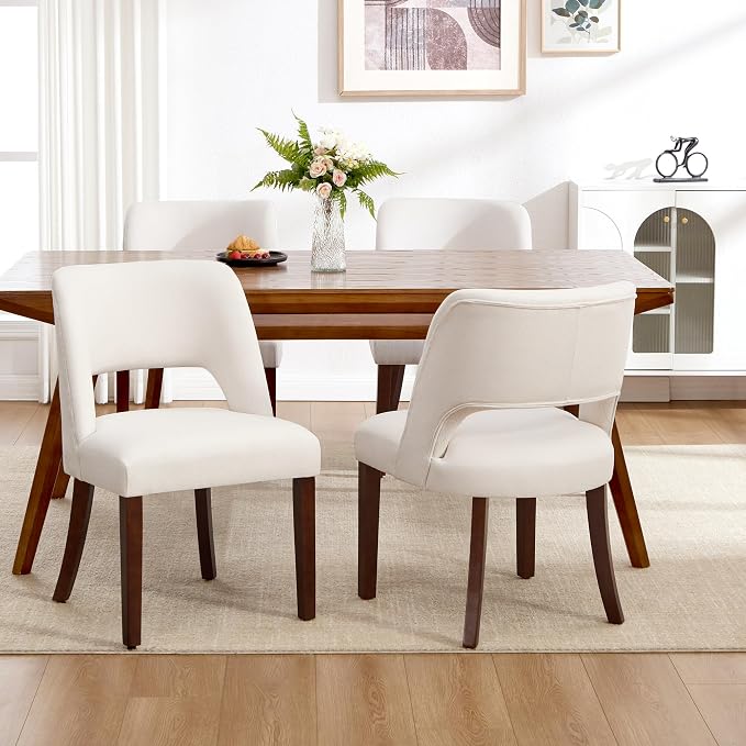 Dining Chairs Set of 4,Modern Dining Room Chairs with Thick Cushions,Upholstered Linen Fabric Kitchen Chairs for Kitchen Dining Room Beige