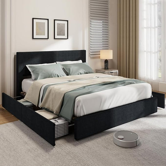 GAOMON Corduroy Full Bed Frame with Headboard, Platform Upholstered Bed Frame with 4 Storage Drawers and Wooden Slats Support, No Box Spring Needed, Black