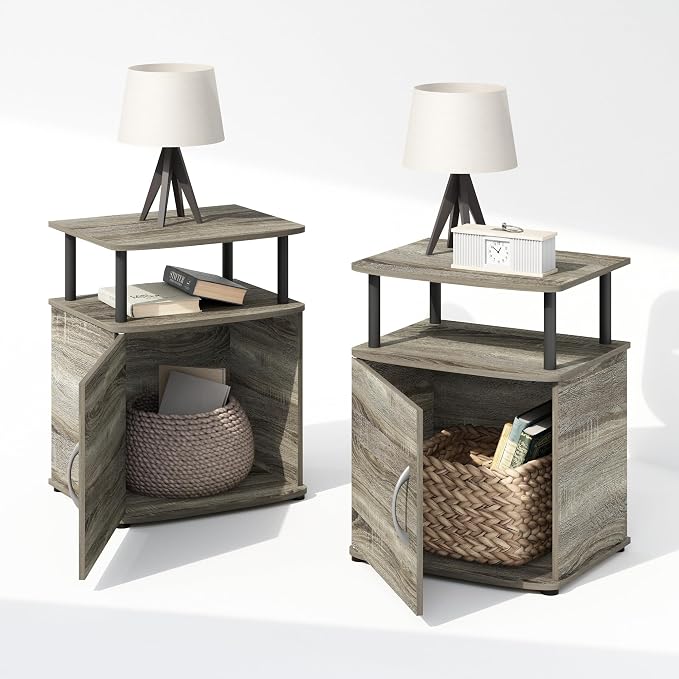 Furinno TIDUR Night Stand Set of 2, Nightstand with Open Shelf and Door Cabinet, Round Corner Bedside Table, End Table, Side Table, for Bedroom, Closet, Dorm, French Oak