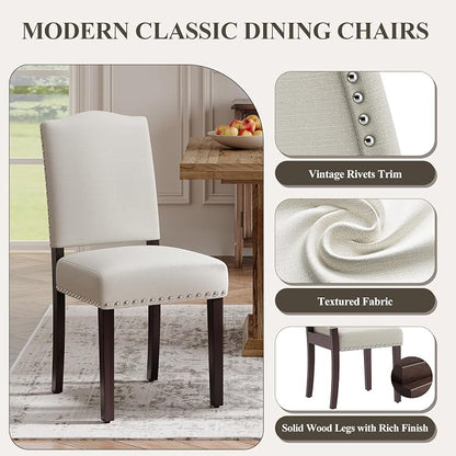 Upholstered Parsons Dining Chairs Set of 6, Modern Dining Room Chairs with Back, Fabric Kitchen Side Chairs with Wood Legs, Nailhead Trim for Dinner Farmhouse Restaurant, Beige