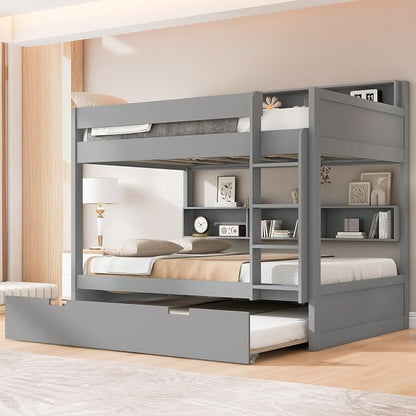 Harper & Bright Designs Rustic Wood Bunk Bed with Pull-Out Trundle, Full Over Full Wooden Bunk Bed with Large Cabinet Beside Upper and Down Bed, Gray