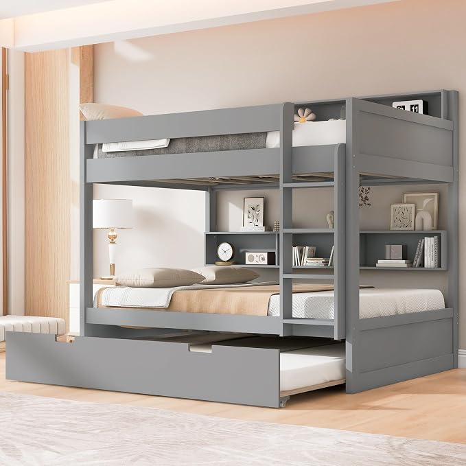 Wood Bunk Bed Full Over Full Size with Built-in Storage Shelves, Versatile Bunk Bed Frame with Ladder and Trundle Bed for Kids Teens Adults, Maximize Space (Gray-2.10)