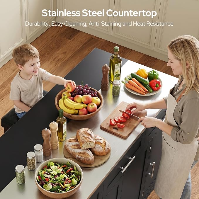 Concho 71'' Kitchen Island with Seating and Stainless Steel Countertop, Rolling Kitchen Carts on Wheels with Folding Drop Leaf, Bar Stool, Power Outlet, Spice/Towel Rack, Black