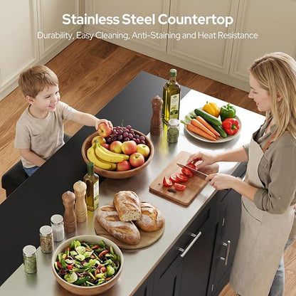 Concho 71'' Kitchen Island with Seating and Stainless Steel Countertop, Rolling Kitchen Carts on Wheels with Folding Drop Leaf, Bar Stool, Power Outlet, Spice/Towel Rack, Black