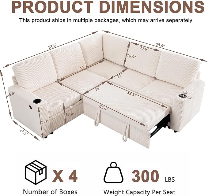 ROCANT 84 inch Modular Sectional Couch with Pull Out Bed, 5-Seat L-Shaped Corduroy Sleeper Sofa with Reversible Chaise, Built-in Storage, USB Port and Cup Holders