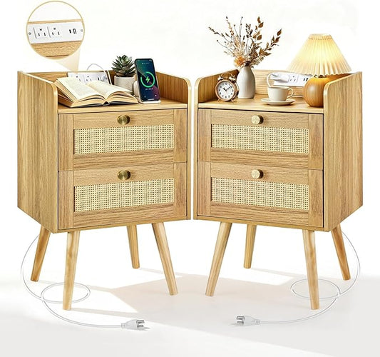 Nightstands Set of 2 with Charging Station, Modern Boho Rattan Bedside Tables with 2 Drawers,Open Storage End Tables for Bedroom, Small Spaces and Dorm, Solid Wood Legs,Natural
