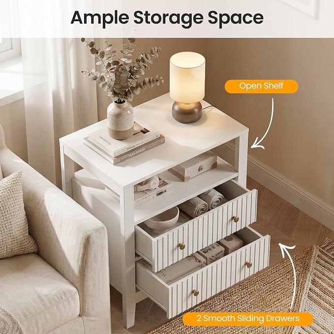 RoyalCraft White Nightstand Set of 2, Fluted Night Stand with Charging Station, Modern Bedside Table with 2 Drawers and Open Shelf, Wood End Table for Bedroom, Hallway