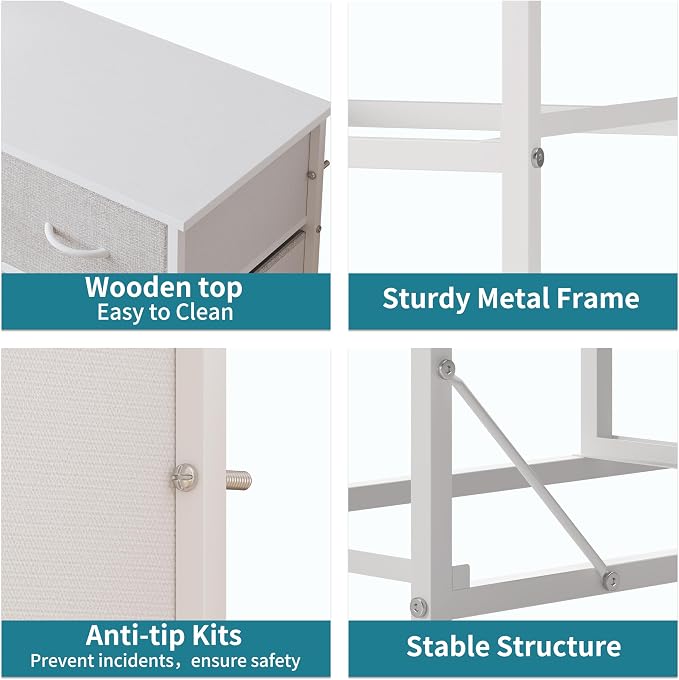 LUMTOK 10-Drawer Dresser, Fabric Storage Tower with Drawers for Bedroom, Dresser Drawer with Handle for Bedroom, Living Room, Hallway, Closets & Nurseryteel Frame, Wood Top (Light Grey)