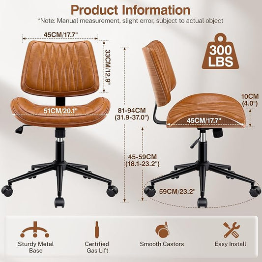 Ergonomic Armless Office Desk Chair - Mid-Century Retro Orange Faux Leather with Diamond Stitch, Adjustable Height Swivel Rolling Task Computer Chair with Walnut Accent for Home Office, Study & Work