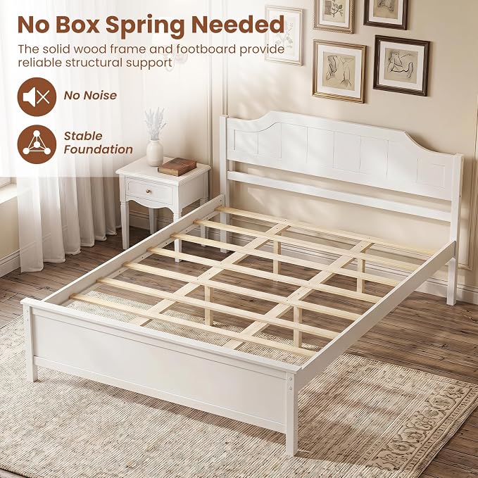 Giantex Queen Size Wooden Bed Frame with Headboard, Wood Slat Support | Farmhouse Platform Bed with Heavy Duty Mattress Foundation, Under-Bed Storage, No Box Spring Needed, Easy Assembly (White)