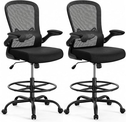 ErGear Drafting Chair, Standing Desk Chair with Flip-Up Armrests, High Desk Chair Adjustable Height, Ergonomic Tall Office Chair with Lumbar Support and Adjustable Footrest Ring,2 Pack